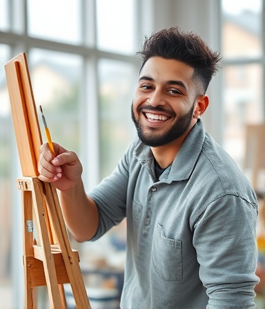 motivated artist, beaming with creativity, painting a masterpiece, photorealistic, in an airy studio with large windows, highly detailed, paint splatters create dynamic energy, fine grain, pastel colors, soft ambient lighting, shot with a macro lens.