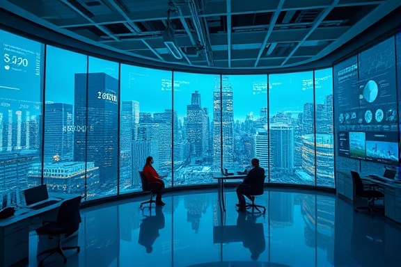 progressive socialstrategy growth, analyzing insightfully, expanding, photorealistic, in an insightful analytics lab with large transparent view panels showing cityscape, highly detailed, data projections filling the room with digital interfaces, cool blue tones, ambient cool lighting, shot with a 24mm tilt-shift lens.