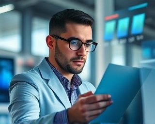 professional company profile office, focused expression, analyzing data reports, photorealistic, sleek office interior with advanced technology, highly detailed, digital holograms, high resolution, cool tones, natural sunlight streaming, shot with an 85mm lens.