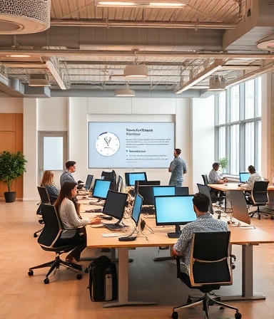 intuitive leadcapturedesign, innovative, guiding users to completion, photorealistic, open-space tech startup environment with collaborative desks, highly detailed, real-time feedback animations, modern UI design, warm neutral colors, diffused overhead lighting, shot with a 28mm lens.