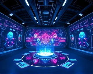 futuristic socialstrategy media, exploring dynamically, visualizing, photorealistic, in a high-tech studio surrounded by holographic displays, highly detailed, 3D visuals floating mid-air in vivid detail, neon glow, dim blue lighting, shot with a 20mm fisheye lens.