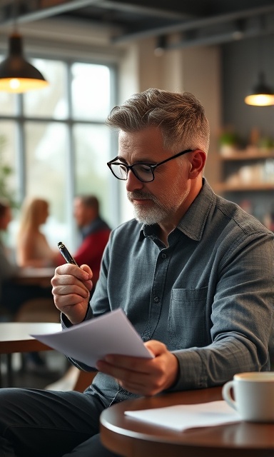 strategist in content marketing, thoughtful, sketching out a campaign plan, photorealistic, coffee shop with minimalist design, highly detailed, vibrant discussion in the background, sharp focus, warm tones, diffuse lighting, shot with an 85mm camera lens.