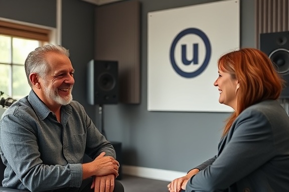 interviewer and guest, smiling warmly, engaging in conversation, photorealistic, aesthetically pleasing studio with acoustic panels, highly detailed, backdrop with company logo, 70-200mm telephoto lens, muted tones, natural window lighting, shot with a Nikon D850