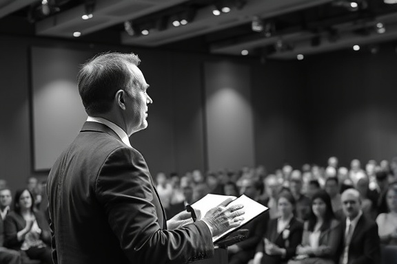 modern company profile corporate, authoritative expression, giving a keynote speech, photorealistic, corporate conference hall with smart devices, highly detailed, audience clapping, sharp detail, grayscale, spotlight lighting, shot with a 50mm lens.