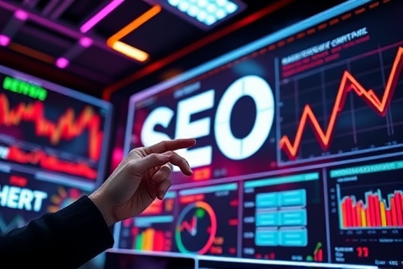 Innovative SEO content optimization, determined, tweaking analytics data, photorealistic, tech startup environment with LED displays, highly detailed, flowing algorithms, sharp clarity, vibrant neon hues, overhead lighting, shot with a macro lens.