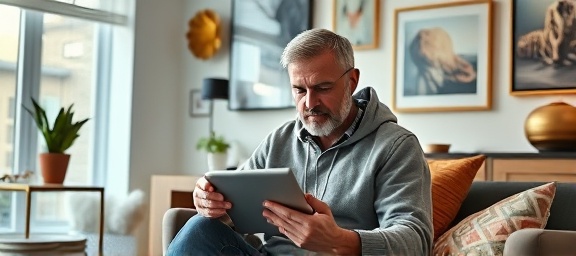 senior content writer, inspired, editing articles on a tablet, photorealistic, eclectic apartment with modern art, highly detailed, creative hum, soft clarity, mixed metallic and pastel colors, low-key lighting, shot with a 135mm camera lens.