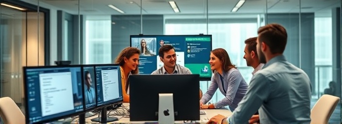 content creation team, enthusiastic, collaborating over video conference, photorealistic, corporate meeting room with a glass wall view, highly detailed, multiple screens with varied data, rich saturation, soft spotlight, shot with a 70-200mm camera lens.