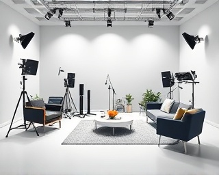 interview setup, organized layout, checking sound levels, photorealistic, minimalist studio with sleek furniture, highly detailed, complex sound equipment array, 24mm lens, clean white, spotlight effect, shot with a Lumix GH5