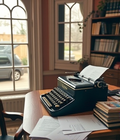 writer in content marketing, creative, typing on a vintage typewriter, photorealistic, quaint study with a large bay window, highly detailed, papers scattered across the desk, high clarity, sepia tones, ambient daylight, shot with a 28mm camera lens.