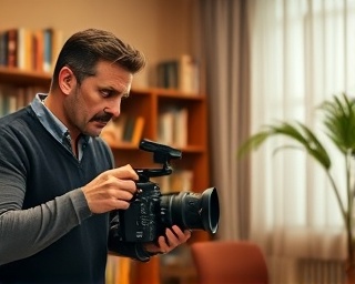 cameraman and interviewer, serious expression, fine-tuning focus, photorealistic, cozy interview corner with bookshelf backdrop, highly detailed, ambient noise-dampening curtains, 35mm wide-angle lens, earth tones, soft ambient glow, shot with a Fujifilm X-series
