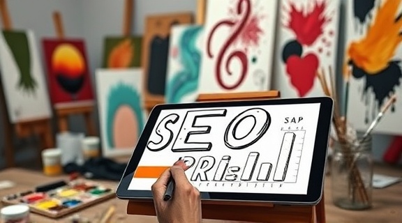 Creative SEO content creation, imaginative, sketching ideas on a tablet, photorealistic, artist studio with canvases and devices, highly detailed, digital brushstrokes and splashes of paint, high resolution, bold primary colors, soft spotlighting, shot with a 60mm macro lens.
