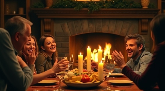 joyous family, feeling content, gathered around a table for a feast, photorealistic, in a cozy dining room with a fireplace, highly detailed, flames flickering subtly in the background, vibrant contrast, warm earth tones, candlelit ambiance, shot with a fast f/1.4 lens.