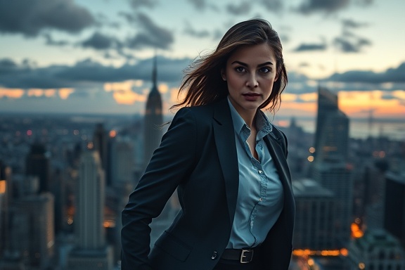 determined businesswoman, showing determination, climbing the corporate ladder, photorealistic, set against a bustling city skyline at dusk, highly detailed, clouds slowly moving overhead, high resolution, muted greys and blues, dramatic lighting, shot with a telephoto lens.
