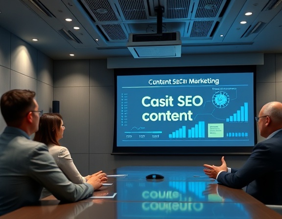 Strategic SEO content marketing, focused, presenting in a boardroom, photorealistic, modern conference room with a projector, highly detailed, animated slides and graphs, high definition quality, muted grays and blues, bright halogen lighting, shot with a 35mm wide-angle lens.