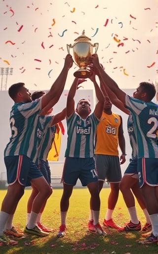 ecstatic team, celebrating unity, lifting a trophy together, photorealistic, on a field bathed in natural sunlight, highly detailed, confetti falling around them, ultra high definition, bright primary colors, backlit for effect, shot with a 50mm lens.