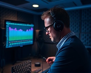 sound engineer, focused look, monitoring levels, photorealistic, compact recording studio with foam tiles, highly detailed, visual equalizer display on screen, 105mm macro lens, cool blues, dimmed overhead lights, shot with an Olympus micro four-thirds camera