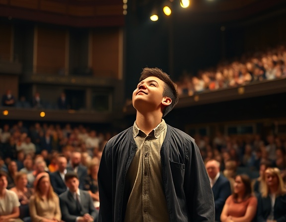 inspired student, radiating hope, receiving an award on stage, photorealistic, in a grand hall filled with applauding audience, highly detailed, spotlight highlighting the moment, extreme sharpness, golden hues, focused spotlight, shot with a prime lens.