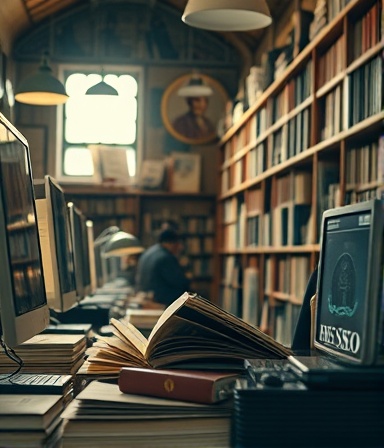 Intensive SEO content research, inquisitive, sifting through books and monitors, photorealistic, quaint library with academic decor, highly detailed, dust particles in sunlight, soft depth, sepia-toned colors, directional desk lamps, shot with a 24mm lens.