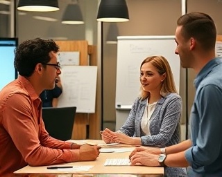 dynamic company profile team, collaborative expressions, engaging in a brainstorming session, photorealistic, contemporary office with digital screens and whiteboards, highly detailed, interactive elements, precise clarity, warm tones, soft ambient lighting, shot with a 24mm lens.