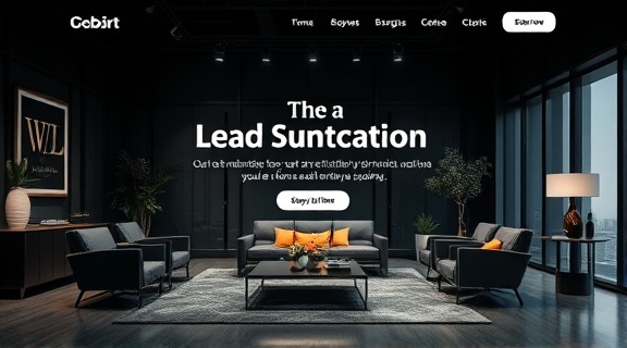 aesthetic leadcapturepage, appealing, attracting user attention through visuals, photorealistic, luxury office space with designer furniture, highly detailed, subtly animated background, elegant typography, monochrome with a pop of color, subtle spotlight lighting, shot with a 35mm lens.
