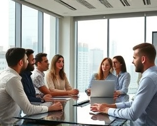 energetic company profile meeting, attentive expressions, discussing project strategies, photorealistic, modern conference room with a city skyline view, highly detailed, animated chart graphics, exquisite texture, vibrant colors, overhead lighting, shot with a 24-70mm lens.