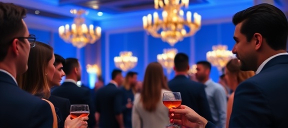 sophisticated company profile business, optimistic expression, networking at a corporate event, photorealistic, luxurious venue with elegant decorations, highly detailed, cocktail glasses in hand, high-definition detail, royal blue and gold hues, soft ambient lighting, shot with a prime lens.
