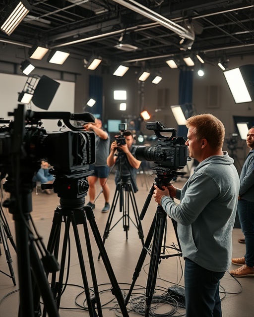 experienced film crew, concentrated expression, setting up cameras, photorealistic, bustling interview studio with multiple lighting setups, highly detailed, cords and cables on floor, 50mm lens, neutral colors, bright studio lights, shot with a Sony mirrorless camera