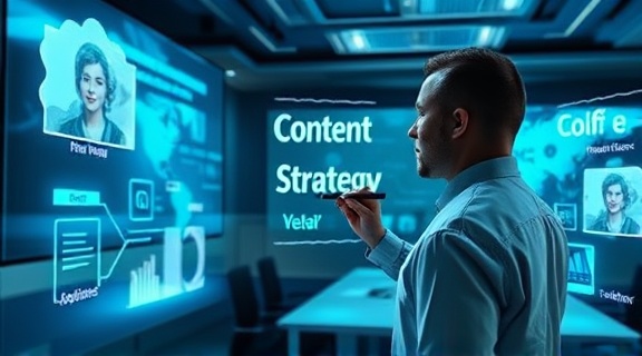 content strategy consultant, analytical, writing ideas on a smartboard, photorealistic, futuristic conference room with digital interfaces, highly detailed, holographic projections, vivid clarity, blue-green color palette, indirect highlights, shot with a 16-35mm camera lens.