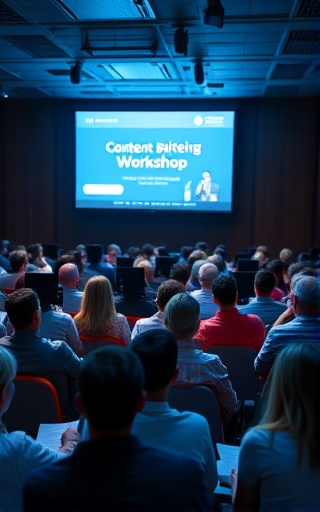 content marketing workshop, interactive, presenting a slideshow, photorealistic, large auditorium with attendees taking notes, highly detailed, luminous projector light, high contrast, cool hues, overhead lighting, shot with a 24-70mm camera lens.