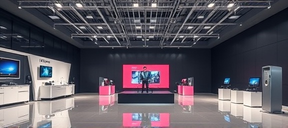 innovative company profile corporate, visionary expression, unveiling a new product, photorealistic, technologically advanced showroom space, highly detailed, product demonstrations, crisp edges, bright and bold colors, stage lighting, shot with a 28mm lens.