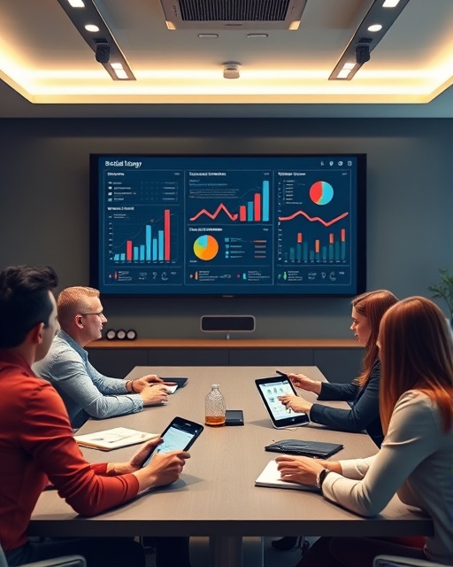 dynamic socialstrategy plan, presenting smartly, strategizing, photorealistic, in a sleek conference room with a large digital screen showing graphs and charts, highly detailed, team actively participating with digital tablets and notebooks, sharp colors, overhead LED lighting, shot with a 28mm wide-angle lens.