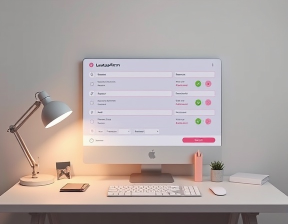 seamless leadcaptureform, user-friendly, streamlining data entry, photorealistic, minimalist workspace with a personalized desk setup, highly detailed, smooth transitions between fields, digital textures, soft pastel colors, gentle desk lamp lighting, shot with a 85mm lens.