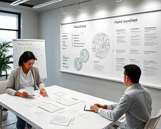 efficient socialstrategy plan, outlining meticulously, organizing, photorealistic, in a strategic planning room with digital whiteboards and strategic maps, highly detailed, precise layout and bullet points on digital boards, monochromatic theme, focused task lighting, shot with a 70-200mm telephoto lens.