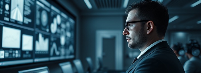 strategic company profile office, contemplative expression, planning next quarter targets, photorealistic, minimalist office with digital panels, highly detailed, touch-screen interfaces, vivid clarity, monochrome palette, cool artificial lighting, shot with a 35mm lens.