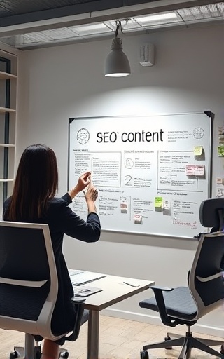 Comprehensive SEO content strategy, analytical, mapping out on a whiteboard, photorealistic, minimalist workspace with ergonomic furniture, highly detailed, marker trails and sticky notes, intricate resolution, monochromatic scheme, diffused overhead lighting, shot with a 70mm lens.