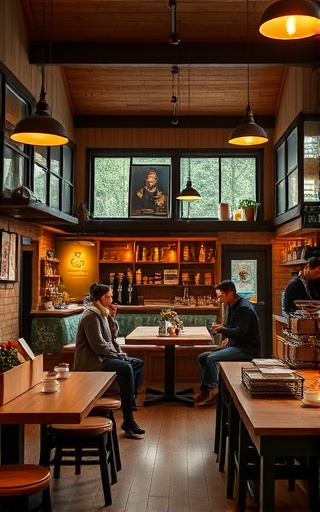 dynamic leadcaptureform, responsive, adapting to different devices, photorealistic, cozy coffee shop with wooden interiors and patrons, highly detailed, interface adapting to different screen sizes, adaptive layout, earthy colors, cozy ambient lighting, shot with a 50mm lens.