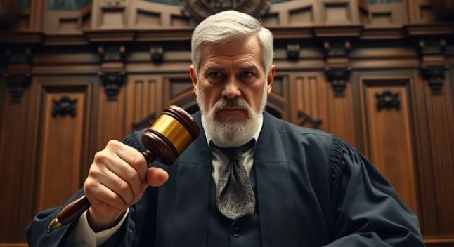 formidable authoritystrength, unwavering expression, wielding a gavel, photorealistic, in a high court chamber with wooden paneling, highly detailed, intricate carvings and regal decor, precise detail, dark wood hues, focused lighting, shot with a 24-105mm lens.