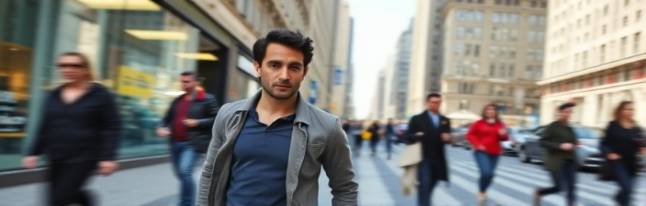 dynamic authoritybooster, energetic expression, walking briskly, photorealistic, on a busy city street with people moving past, highly detailed, motion blur for speed effect, vibrant urban colors, natural sunlight, shot with a 28mm lens.