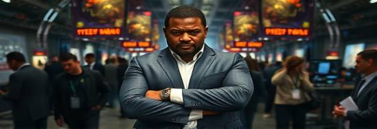 determined authoritypower, resolute expression, standing with arms crossed, photorealistic, amidst a bustling tech summit, highly detailed, technological gadgets and holograms, critical sharpness, metallic highlights, ambient lighting, shot with a 50mm lens.