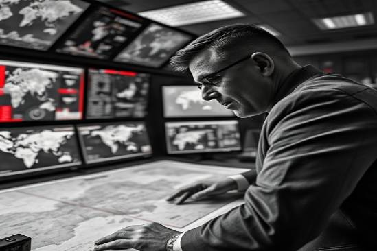 commanding authorityimpact, persuasive expression, strategizing over a map, photorealistic, in a war room with strategic displays, highly detailed, interactive screens with maps and data, bold contrast, monochrome with red accents, directional lighting, shot with a 16-35mm lens.