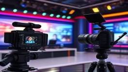magnetic authorityimpact, engaging expression, broadcasting live, photorealistic, in a modern TV studio with robotic cameras, highly detailed, studio equipment and graphics, vivid clarity, LED lights with varied colors, shot with a broadcast lens.
