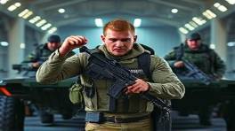 unyielding authoritystrength, assertive expression, leading a charge, photorealistic, in a futuristic military base, highly detailed, advanced vehicles and gear, high dynamic range, camo patterns, tactical lighting, shot with a wide-angle lens.