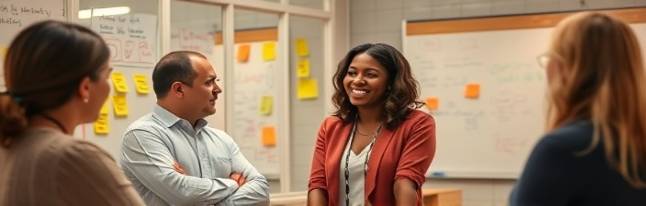 nurturing authoritygrowth, caring expression, mentoring a team, photorealistic, in a collaborative workspace with creative brainstorms, highly detailed, whiteboards and sticky notes, bright and inviting tones, warm ambient lighting, shot with a 24mm lens.