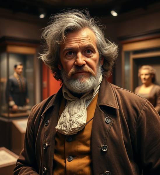 iconic authorityimpact, legendary expression, portraying a historic figure, photorealistic, in a detailed museum exhibit setting, highly detailed, authentic artifacts and recreations, vintage color grading, soft museum lights, shot with a telephoto lens.